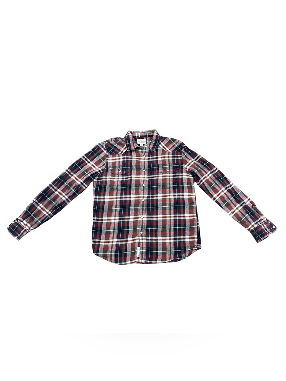Lucky Brand Men’s Small Plaid Western Pearl Snap Flannel Shirt Burgundy Navy